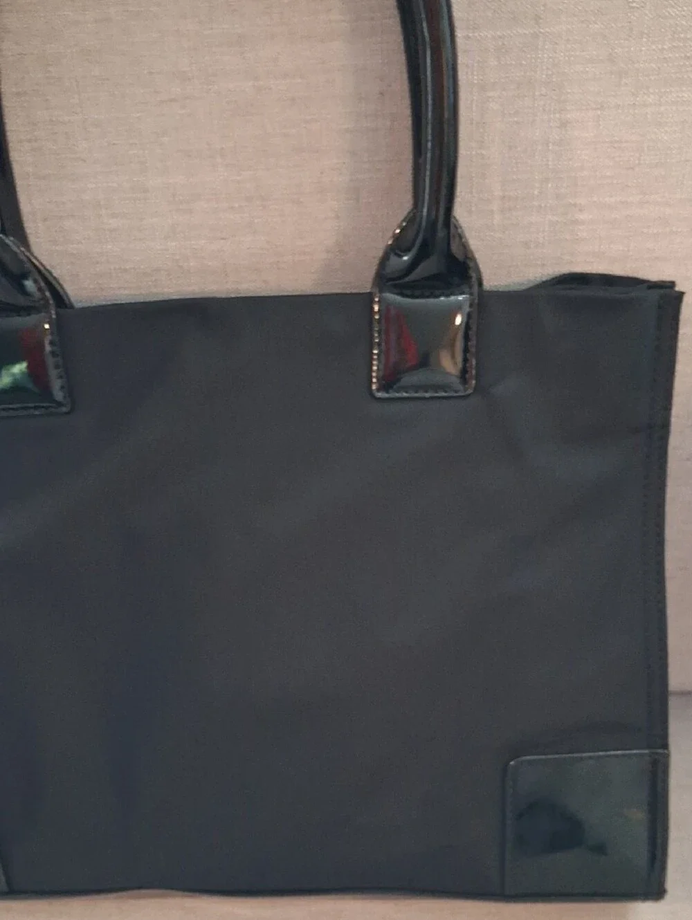 Tory Burch Black Nylon Tote with Patent Trim and Logo